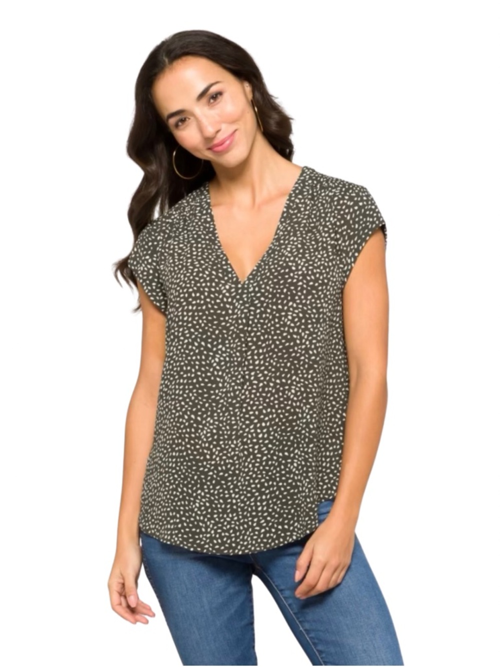 fun 2 fun Lillian V-Neck Grey & White Polka Dot Short Sleeve Blouse, S
